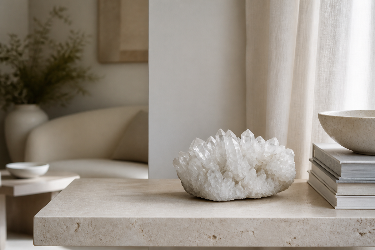 Editorial home scene with a white crystal cluster on a warm neutral console table