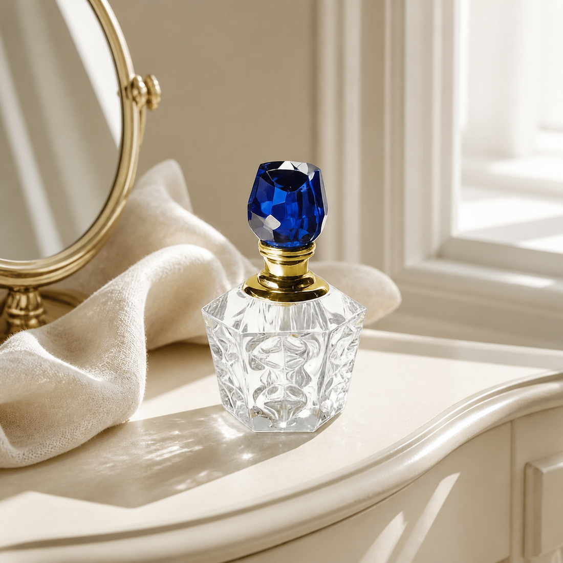 Faceted crystal-style refillable perfume bottle styled on an ivory vanity beside a mirror