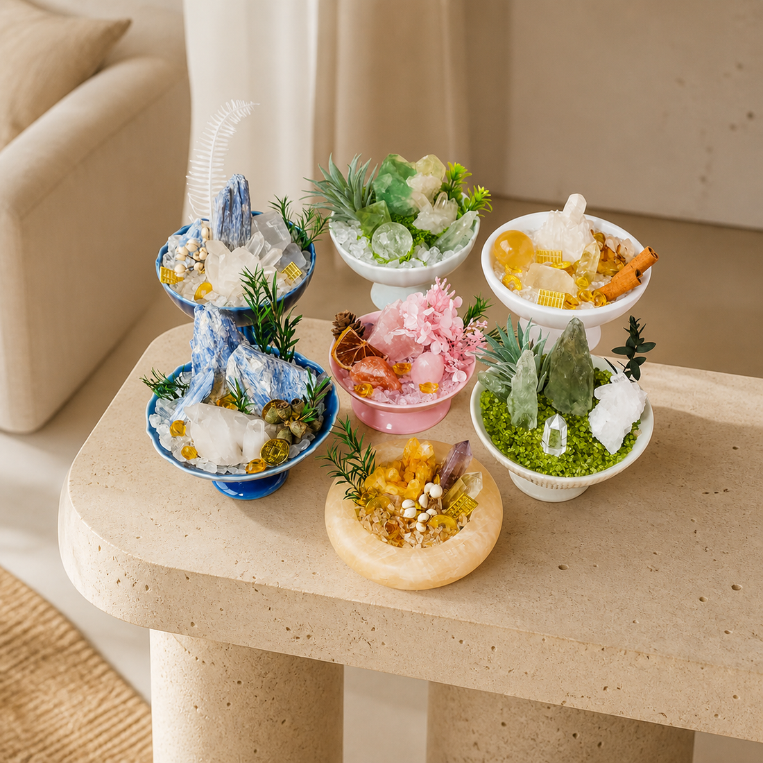 Miniature crystal bonsai landscape styled on a living room shelf beside books and neutral decor