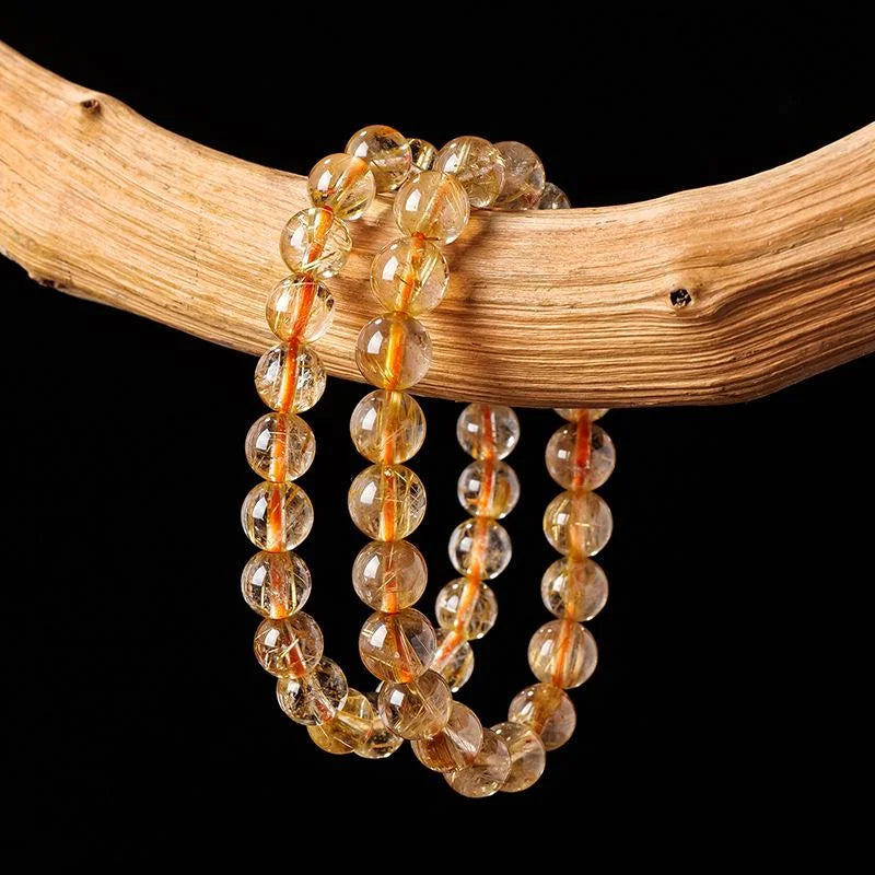 Golden Rutilated Quartz Bead Bracelet — crystal bracelet, detail view