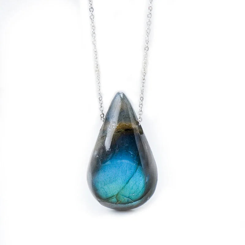 Labradorite Teardrop Pendant Necklace — natural stone necklace, detail view