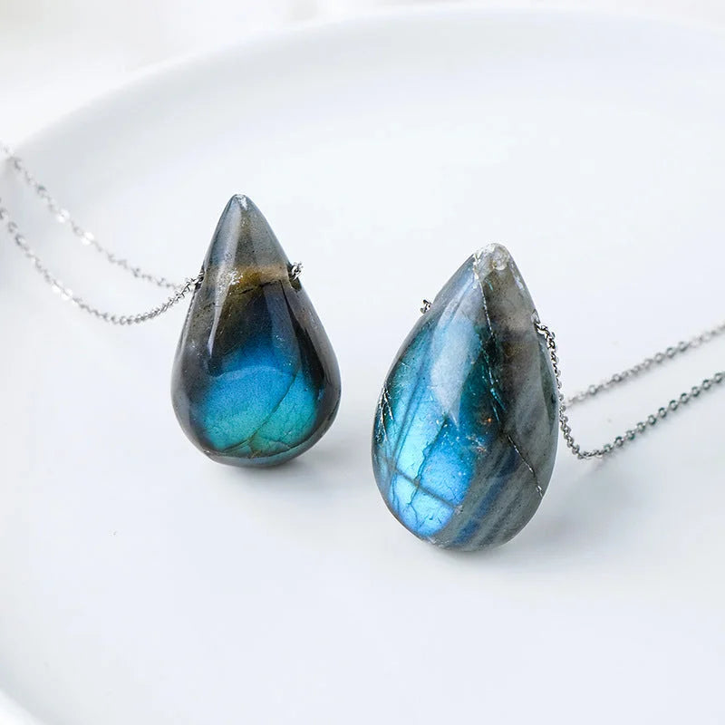 Labradorite Teardrop Pendant Necklace — natural stone necklace, lifestyle view
