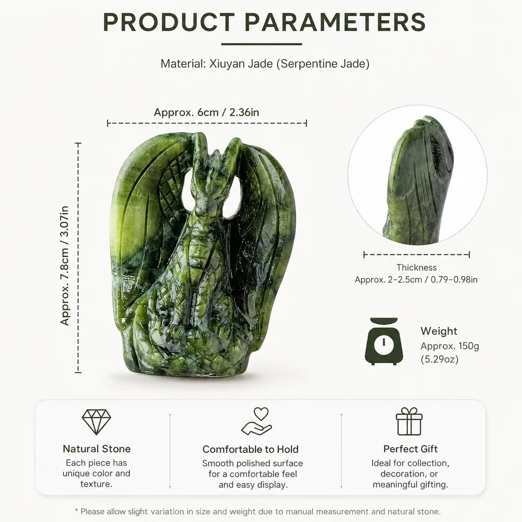 Xiuyan Serpentine Jade Dragon Figurine — crystal decor, detail view