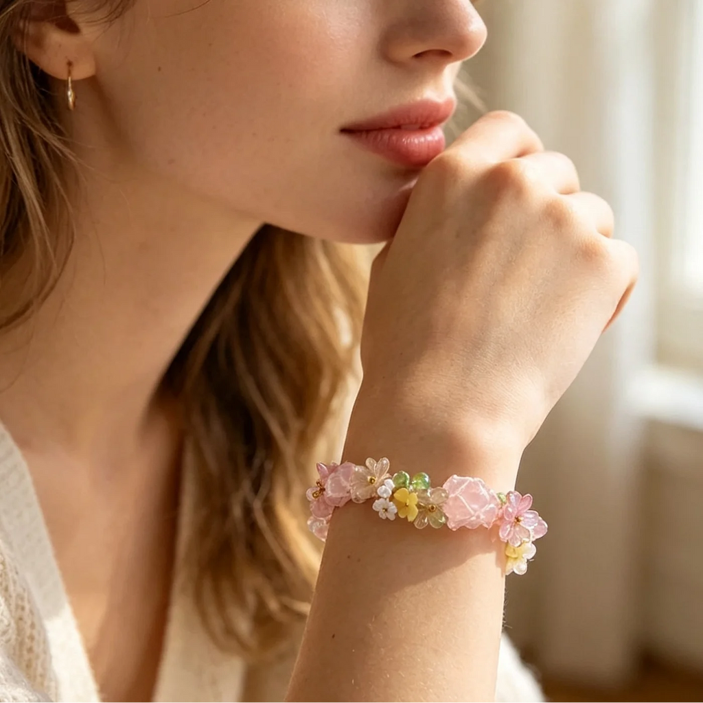Rose Blossom Crystal Macrame Bracelet — crystal decor, lifestyle view
