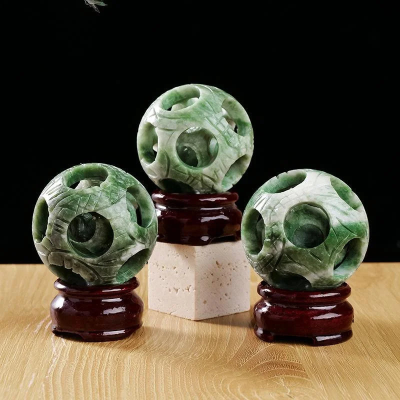 Carved Lushan Jade Decorative Sphere — crystal home decor, detail view